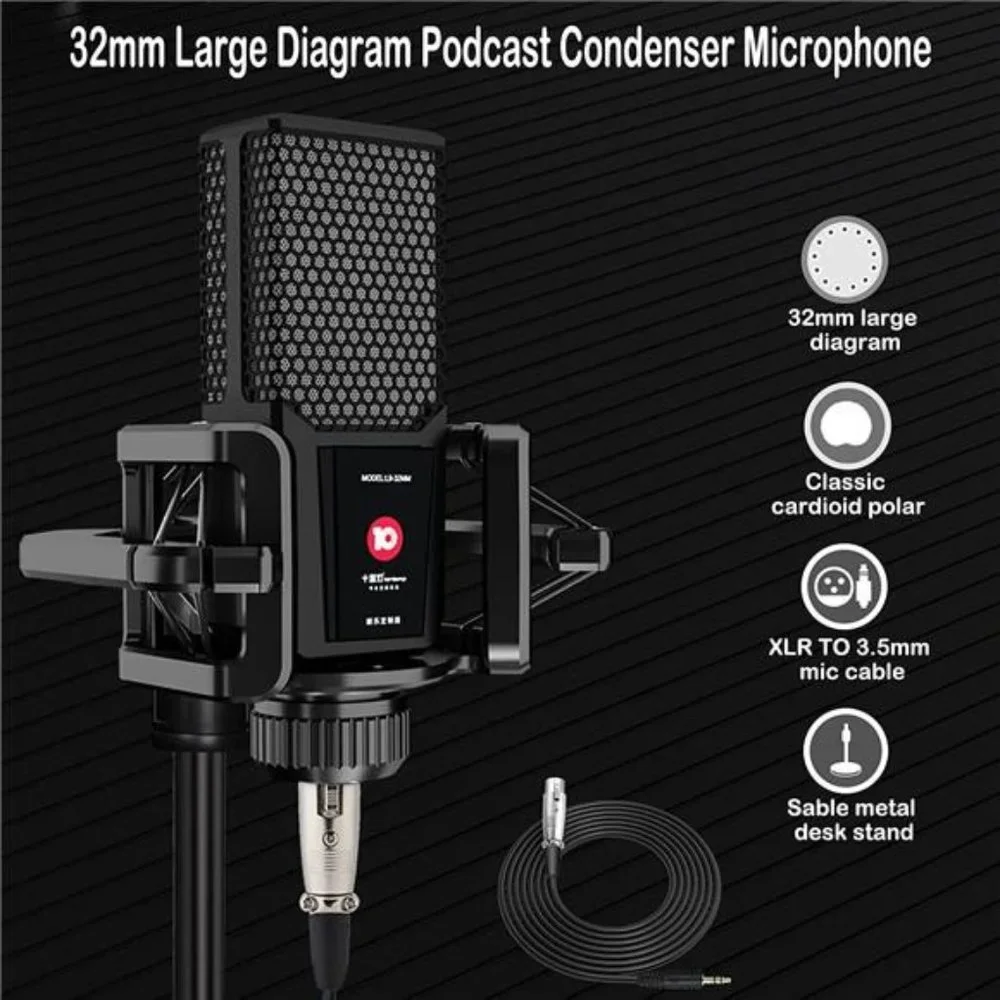 Podcast Microphone Live Sound Card Kit, Studio Condenser Mic with Sound Board